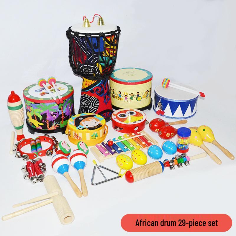 Children's Orff Percussion Instruments: Triangle, Castanets, Maracas, Tambourine, Wood Block, Cymbals