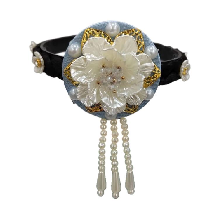 Flower Pearls Korean Hair Hoop Traditional Headband for Stage Shows and Ethnic Festivals Handmade Hair Accessories