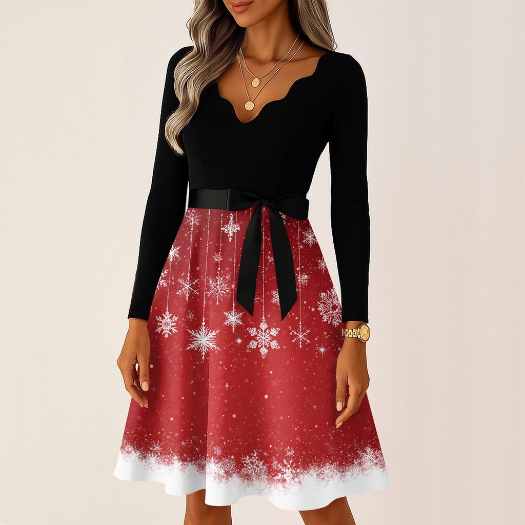 Women's Casual Fashion Long Sleeve Christmas Graphic Printed Vintage Long Dresses