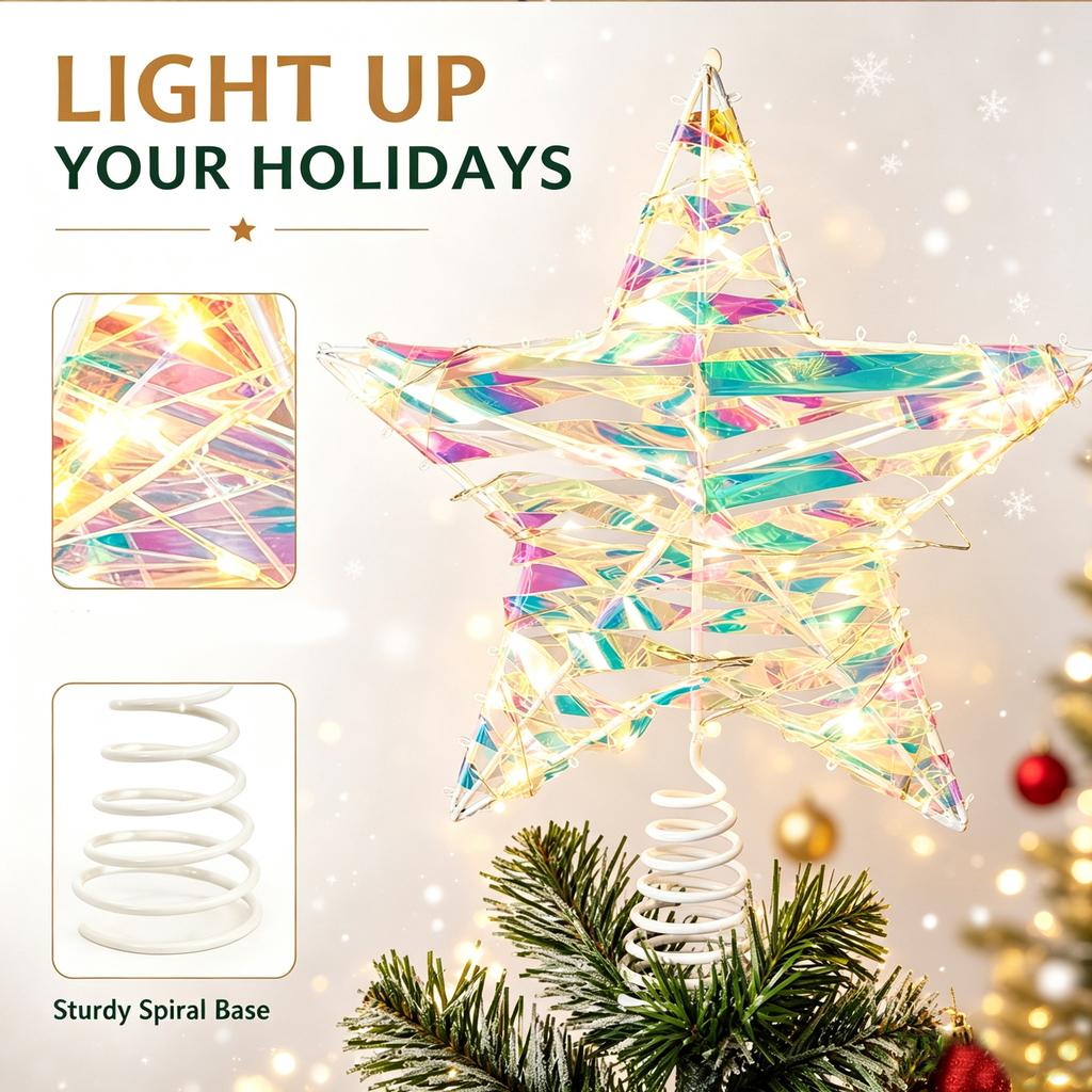 Christmas Tree Topper Star with Lights, Glitter Five-Pointed Star for Holiday Decoration