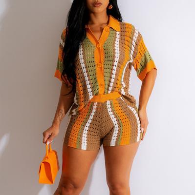 Traje de Top de Punto de Manga Corta con Solapa de Color en Contraste Sexy para Mujer