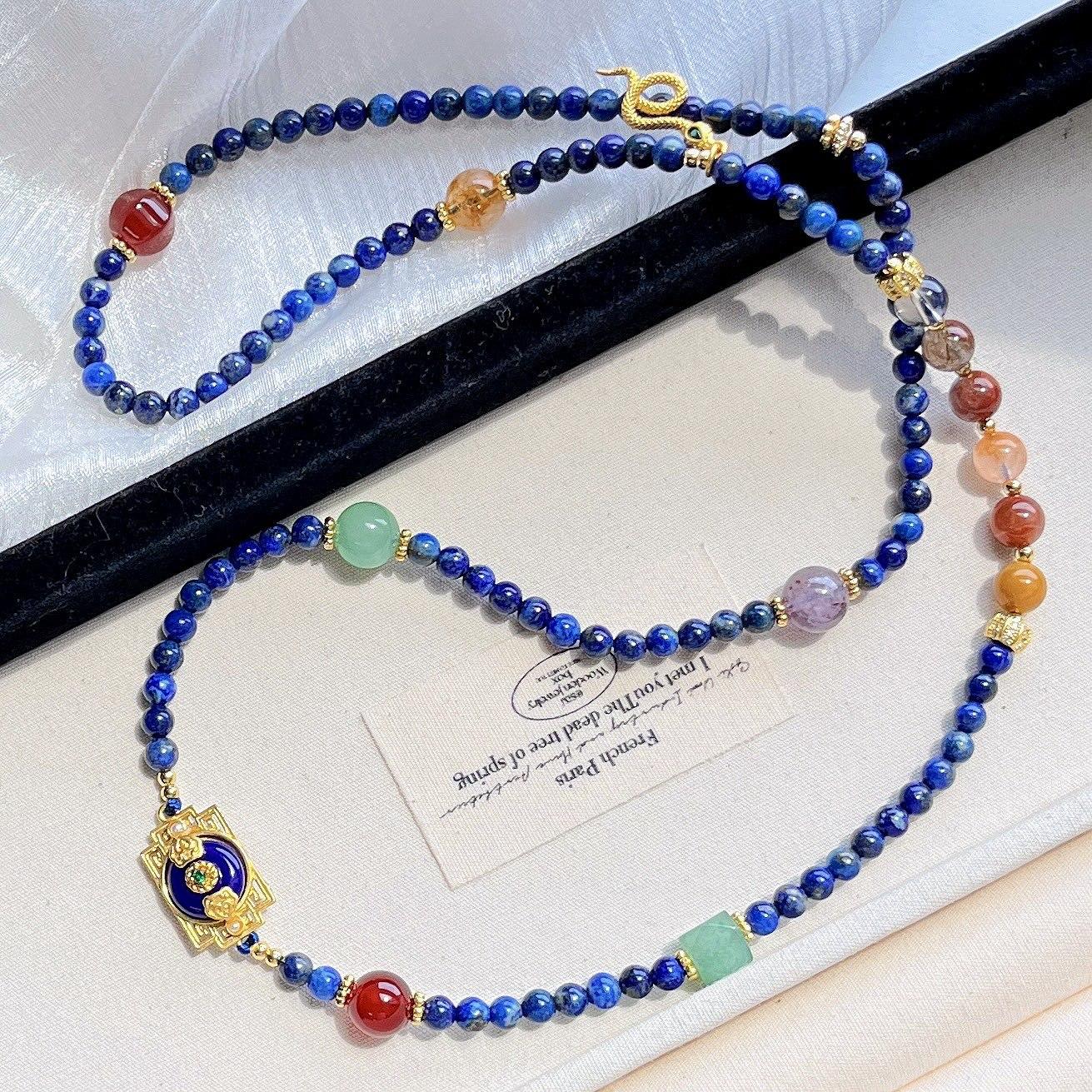 

5Mm High Quality Natural Lapis Lazuli Dongling Jade Color Hair Crystal Design Sense Collarbone Chain Necklace Sweater Chain