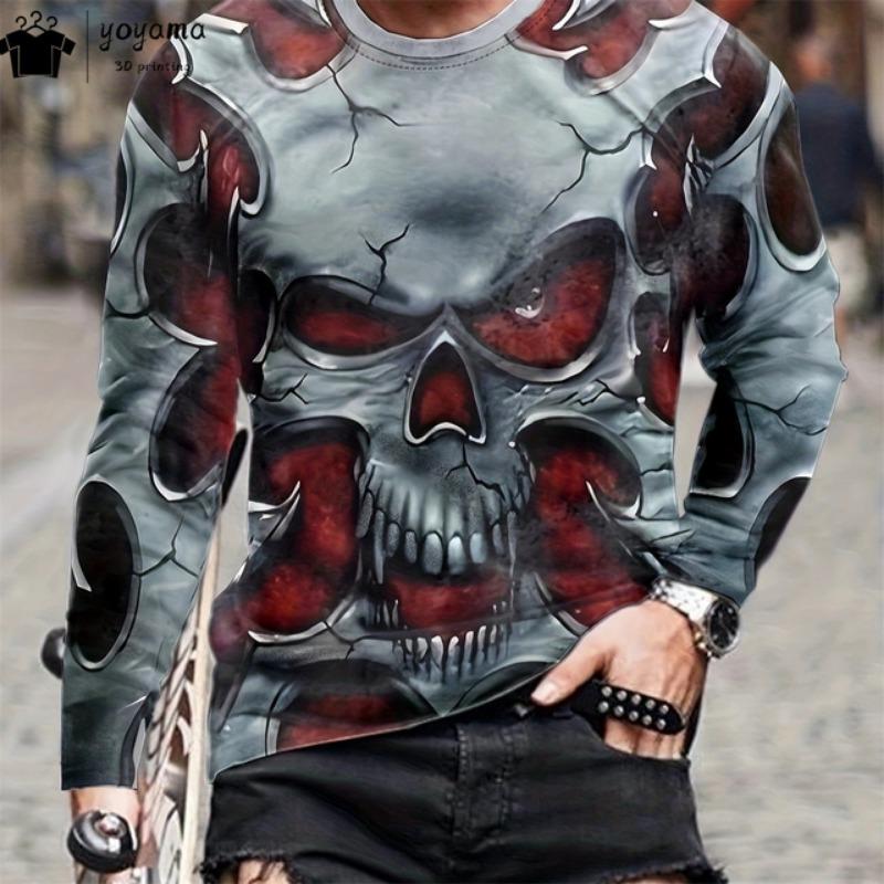 Fashion Skull Print Men's Clothing Casual T Shirt Men Vintage Print Skull Graphic T Shirts Street Loose Long Sleeve T-shirt Tops