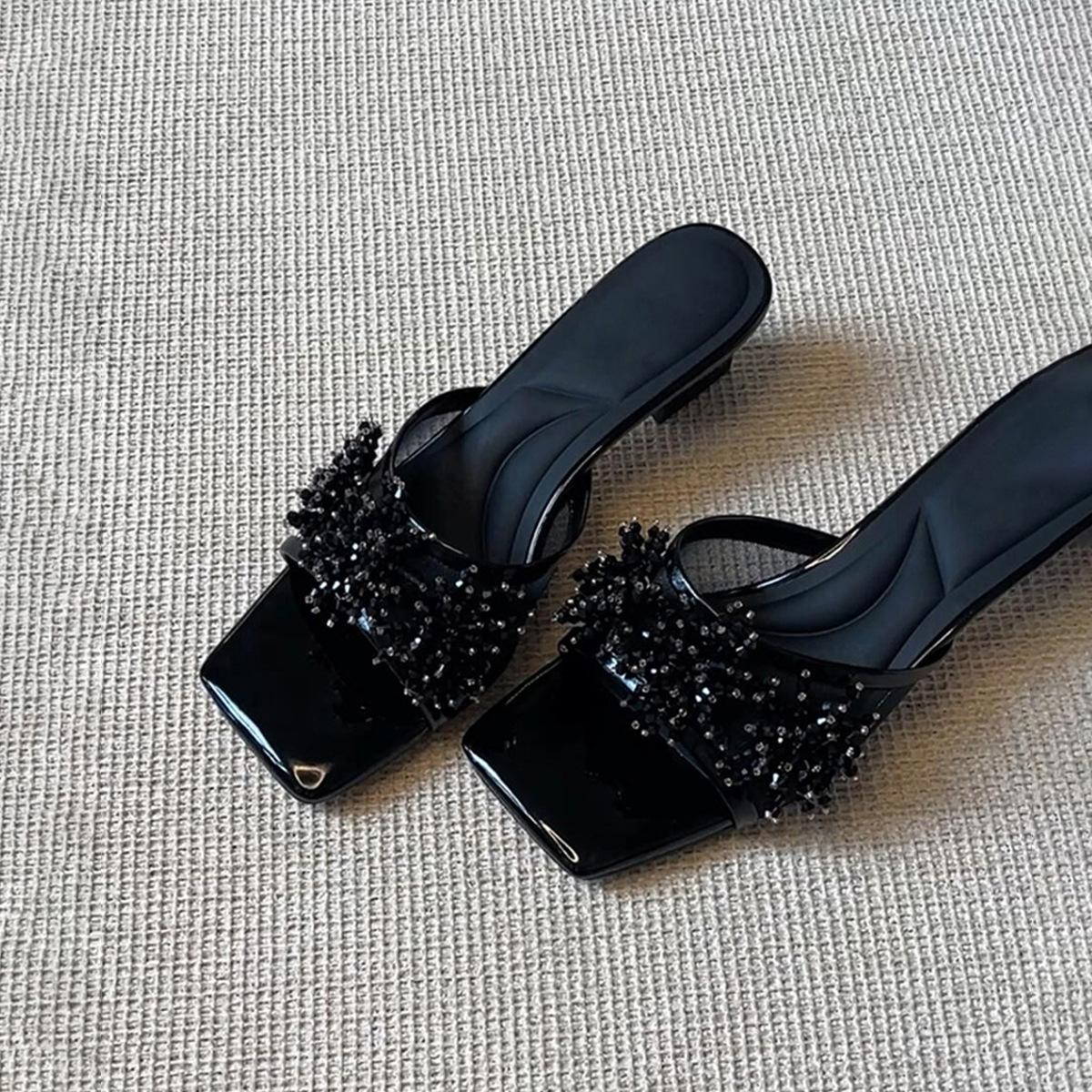 

Овчина французские стразы сетка кожа квадратный носок туфли на высоком каблуке женские летние с открытым носком красивый темперамент носить крутые тапочки 40