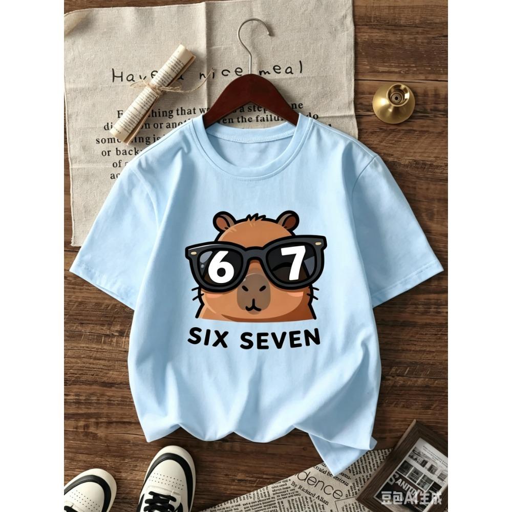 T-shirt Graphique Capybara Dessin Animé pour Enfants Impression Chiffre 6 7 Style Cool T-shirt d'Été Streetwear pour Filles Garçons