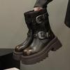 fashion women's boots round toe mid heel shoes for women outdoor fashion platform shoes zip metal decoration mid-calf goth modern boots