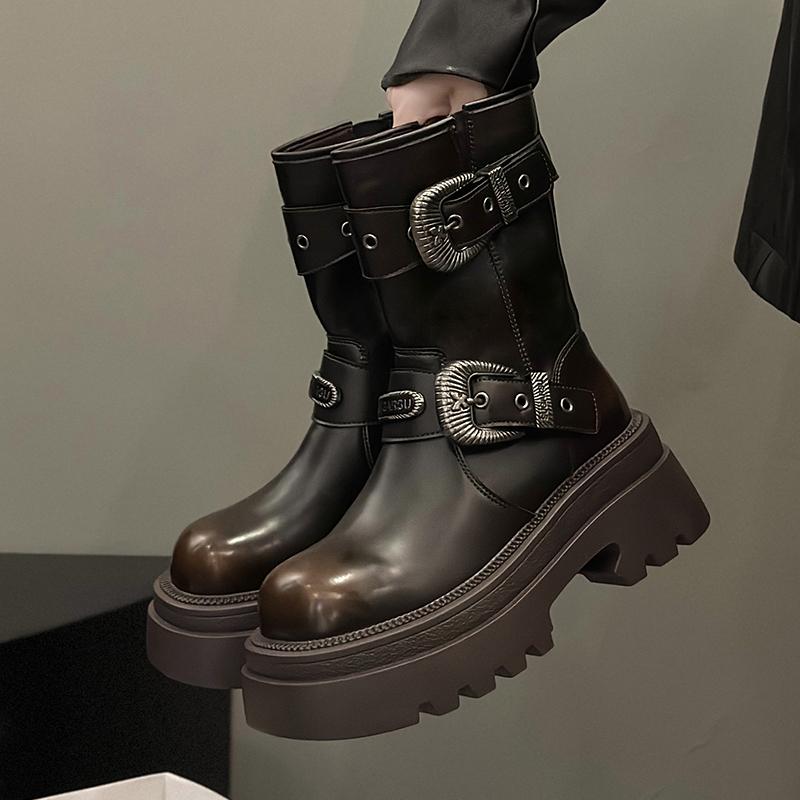 fashion women's boots round toe mid heel shoes for women outdoor fashion platform shoes zip metal decoration mid-calf goth modern boots