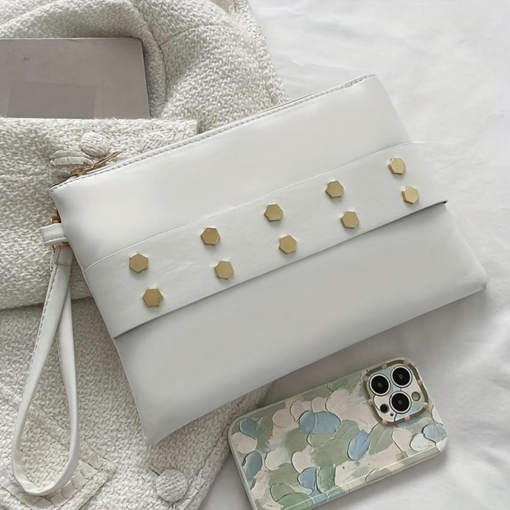 1 st Damkuvertväska, Enfärgad Kuvertväska med Nitinlägg, Dragkedjestängning, Fodrad Lämplig för Arbete, Pendling, Dejt, Fest