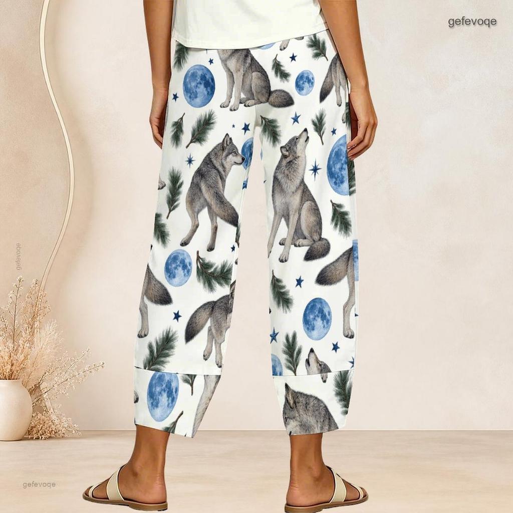 Women Plus Size Loose Deer And Leaf Printed Cross Hem Cropped Pants
