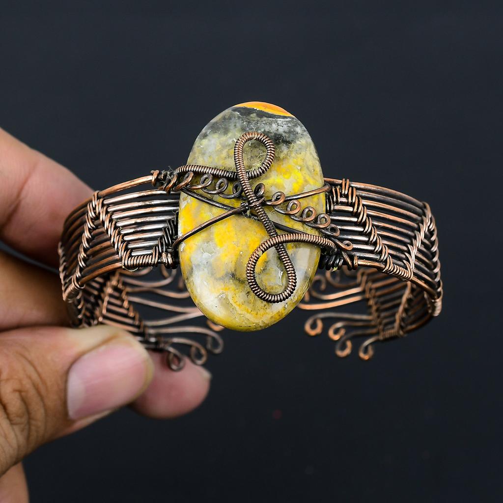 Bumble Bee Jasper Handmade Copper Wire Wrap Bangle Adjustable p7E03