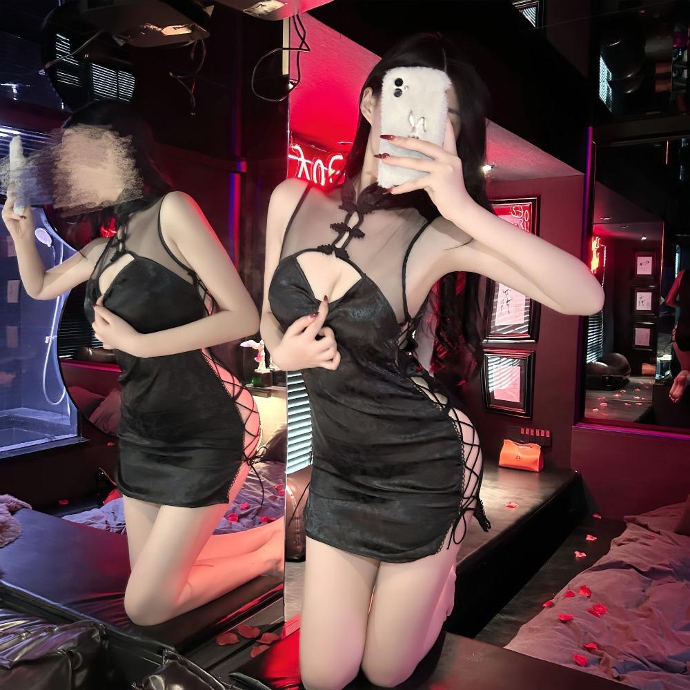 Sexy Retro Jacquard Strap Cheongsam Uniform Temptation Perspective Sex Underwear Stand-up Collar Buckle Open Sex Cheongsam