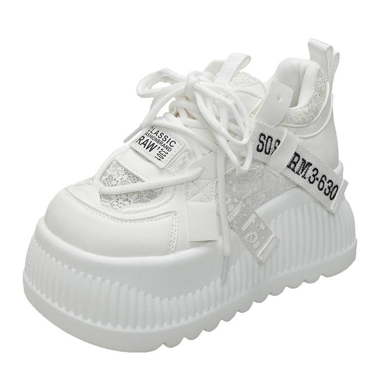 Fashion Women's Dad Shoes 8cm Height Increase Spring Summer New Style Lace Breathable Platform Thick Bottom Net Surface White Shoes