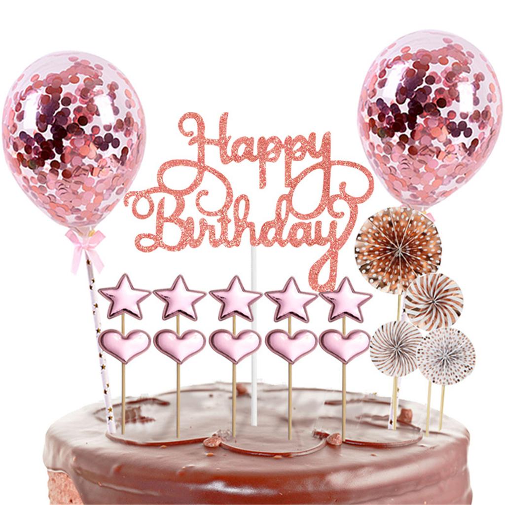 17 Pcs Birthday Cakes  Toppers  Set Confetti Balloon Happy Birthday Star Love-shaped Cake Card Decoration For Birthday Party
