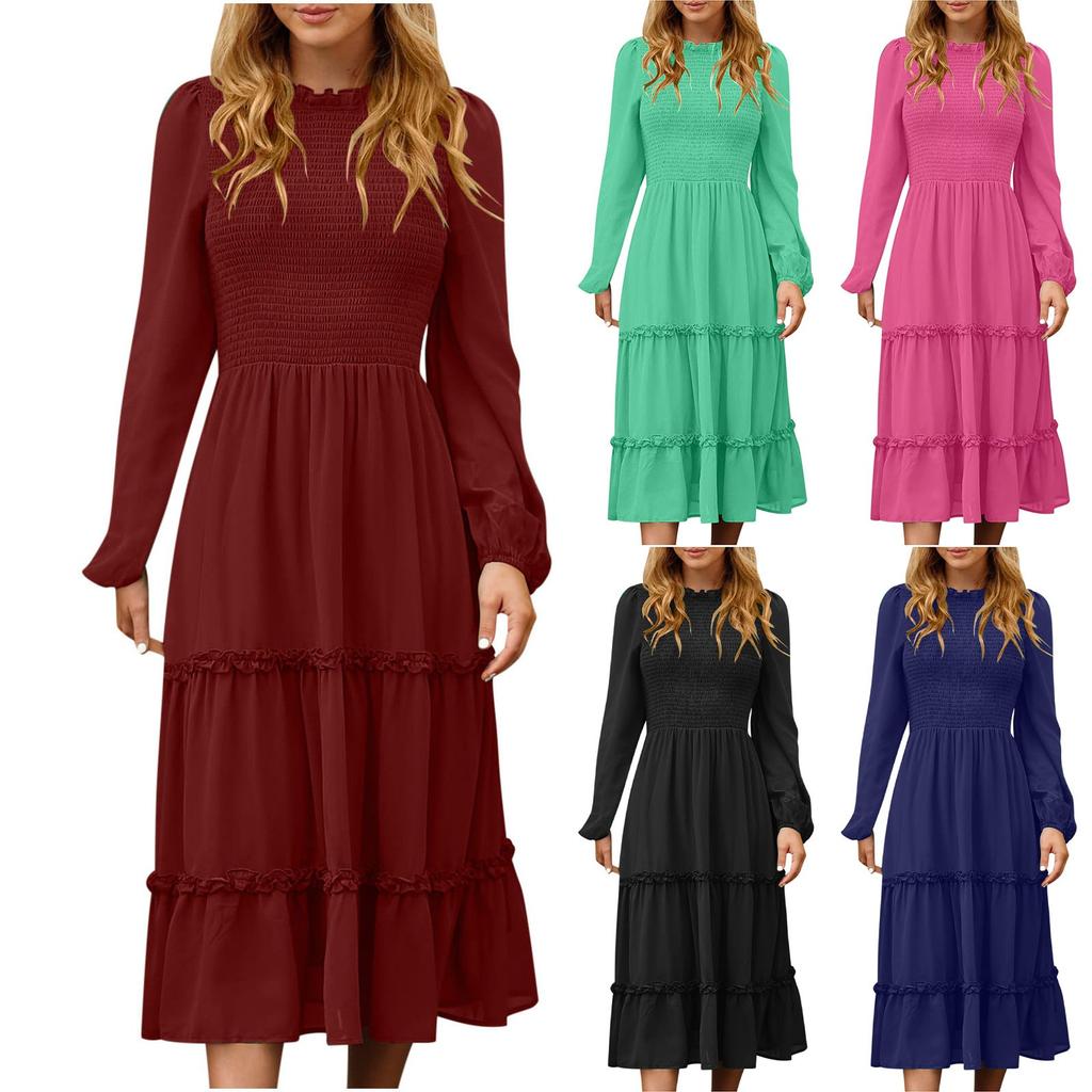 Wedding Guest Dresses For Women  And Winter Solid Color Maxi Dress Round-Neck Smocked Boho Dress A-Line Ruffle Frill Tiered Swing Midi Dress