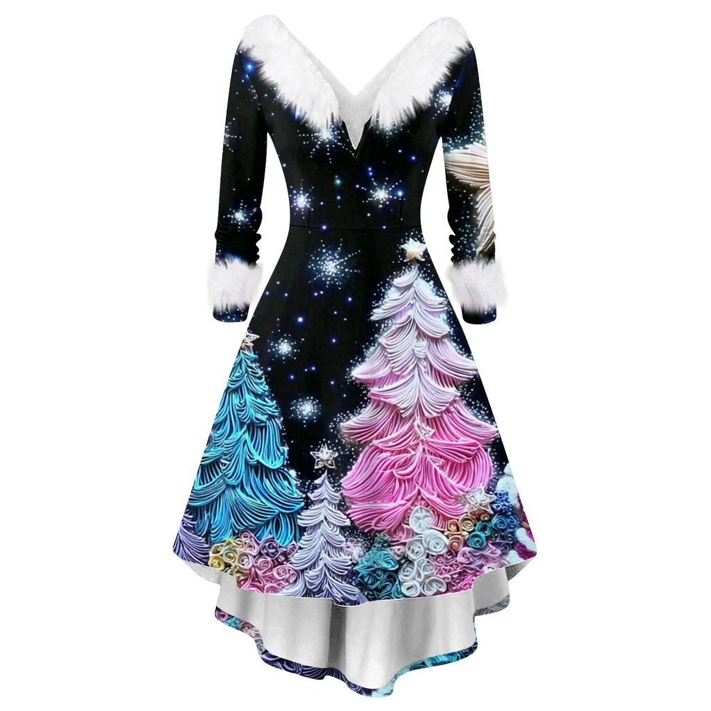 Damesmode Elegante Herfst En Winter Lange Mouw V-Hals Kerstprint Jurk