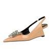 New Wedges Patent Leather Shallow Pointed Toe High Heels Sandals Hollow Back Straps Metal Crystal Bow Ladies Single Shoes