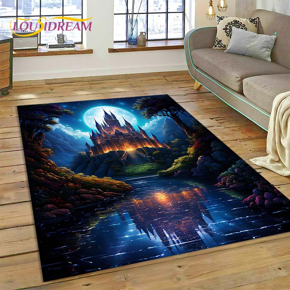 Castello da Favola da Sogno Misterioso Gotico Cartone Animato Tappeto Tappetino per Soggiorno Camera da Letto Casa Divano, Tappeto per Area Bambini Tappetino Antiscivolo