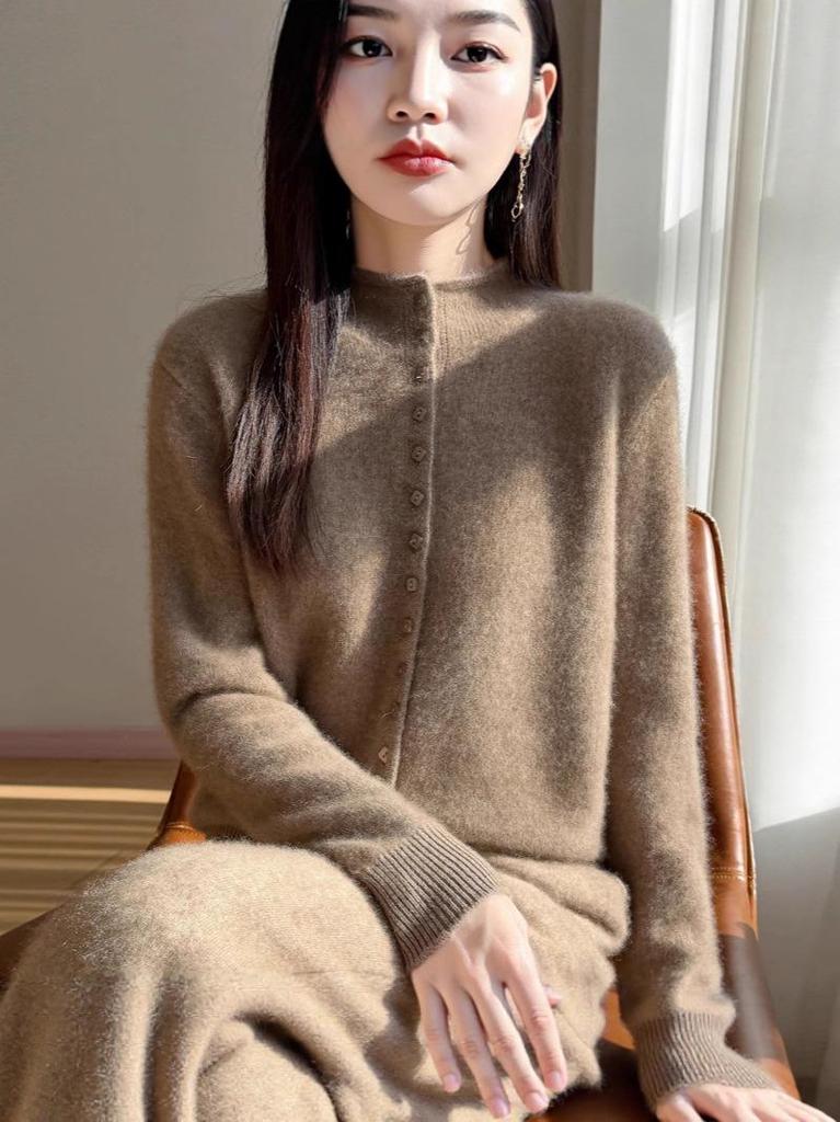Plus Size Knit Wool Cardigan Sweater with Stand Collar - Women's Long Sleeve Autumn/Winter Fashion