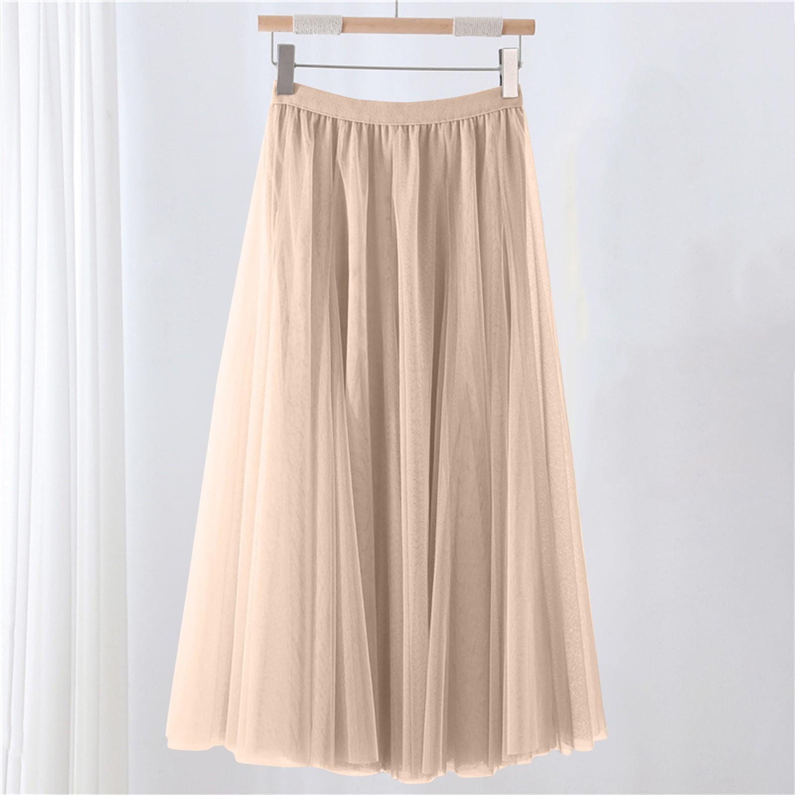 

Women s Solid Color Mesh Skirt With Elastic Band Large Swing Mid Length Skirt 75