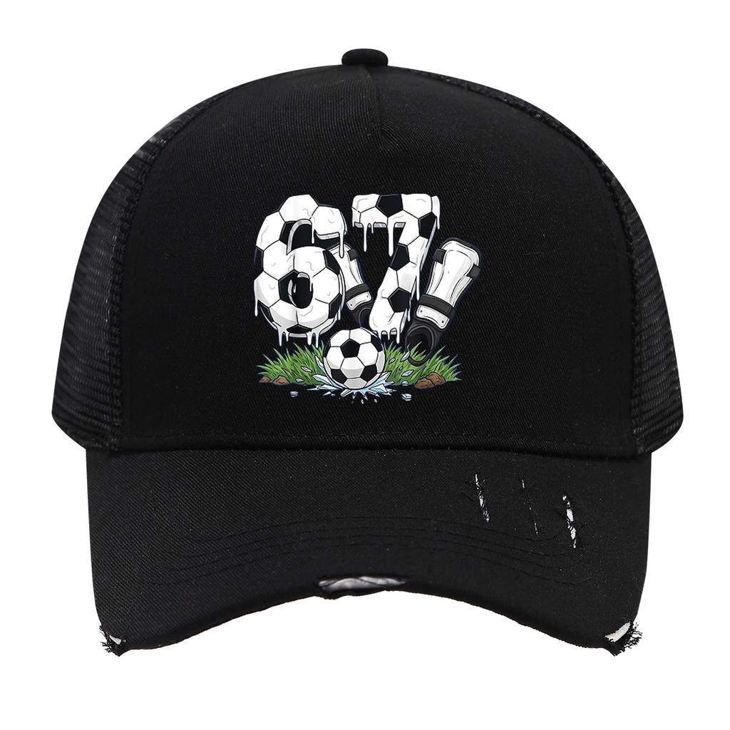 1PC Mesh Trucker Hat, Breathable, Distressed Brim, 3D Soccer 67 Print, Retro Streetwear for Men Women