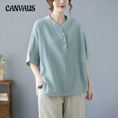 Camicia da donna estiva in lino e cotone con maniche a pipistrello, collo alto semiaperto, taglie forti