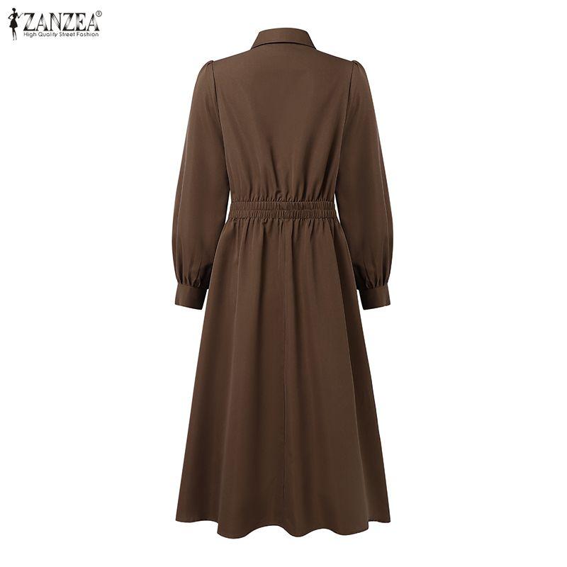 ZANZEA Damska elegancka sukienka na co dzień z kołnierzykiem i długim rękawem