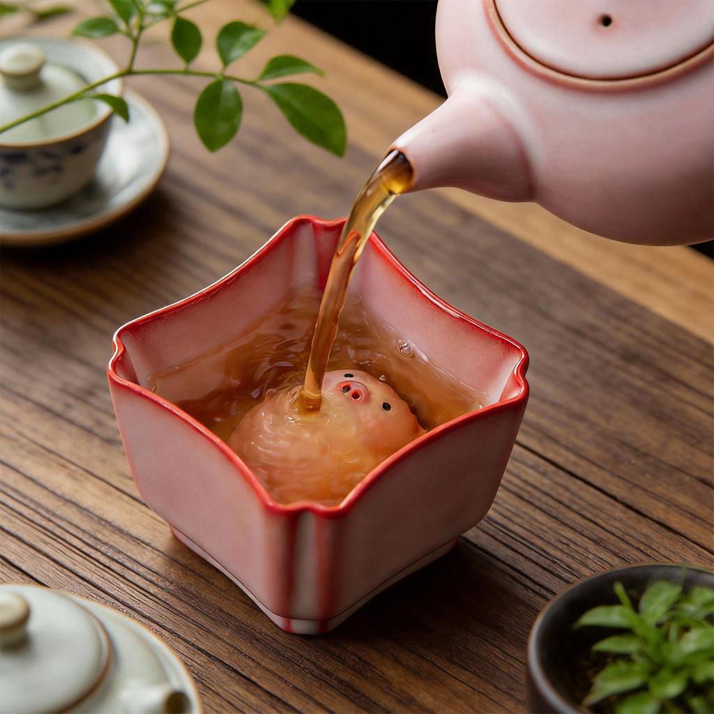 Ceramic Tea Pet Piggy Cartoon Tea Cup Handmade Blow Bubbles Pig Hiddens Animal Inside Cup for Restaurant Tea Room Teahouse