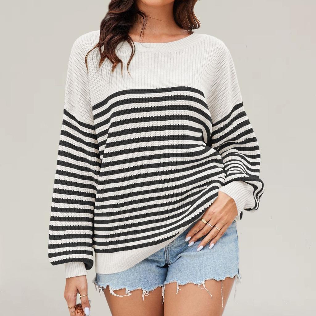 QICED Autumn Winter O-Neck Striped Loose Large-size Sweater for Women