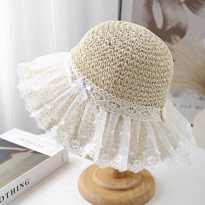 Kapelusz Bucket Hat Damski Letni Kapelusz Koronkowy Kokardka Słomkowy Kapelusz Przeciwsłoneczny Czapka Rybacka Szerokie Rondo Ochrona Przeciwsłoneczna Nadmorski Wakacyjny Akcesoria Plażowe