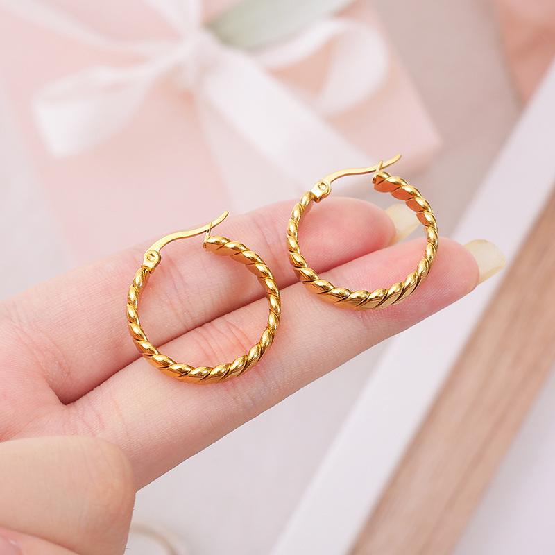 Titanium Steel K Furnace Real Gold Electroplating Thick Round Twist Circle Earrings Light Luxury Personality Temperament Versatile Ear Buckle Earrings