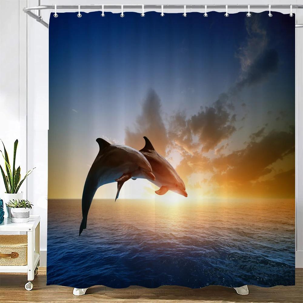 3D Printing Ocean Dolphin Bathroom Shower Curtain Sea Landscape Home Decoration Waterproof Polyester Curtain with Hook Curtain