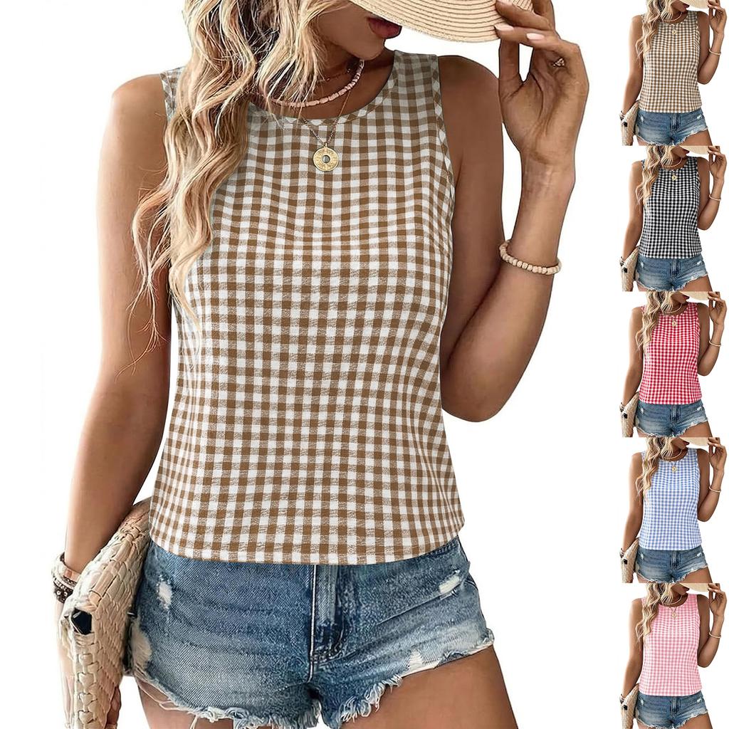 Women’s Sleeveless Round Neck Plaid Button Down Casual Vest Top with Gingham Pattern and Relaxed Fit for Everyday Wear
