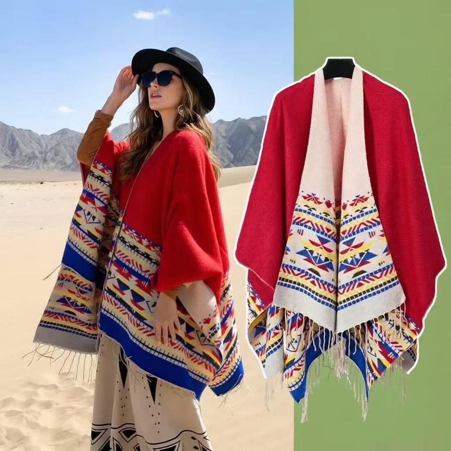 New Colorful Ethnic Style Shawl for Women, Tassels Fringe Thick Warm Cape for Travel Outdoor Outfit Accessory