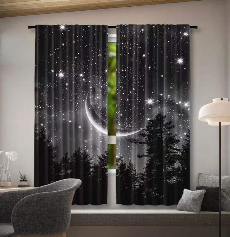 2pcs Starry Night Forest Moon Curtains for Home Decoration Rod Window Covering Bedroom Office Kitchen Living Room and Study
