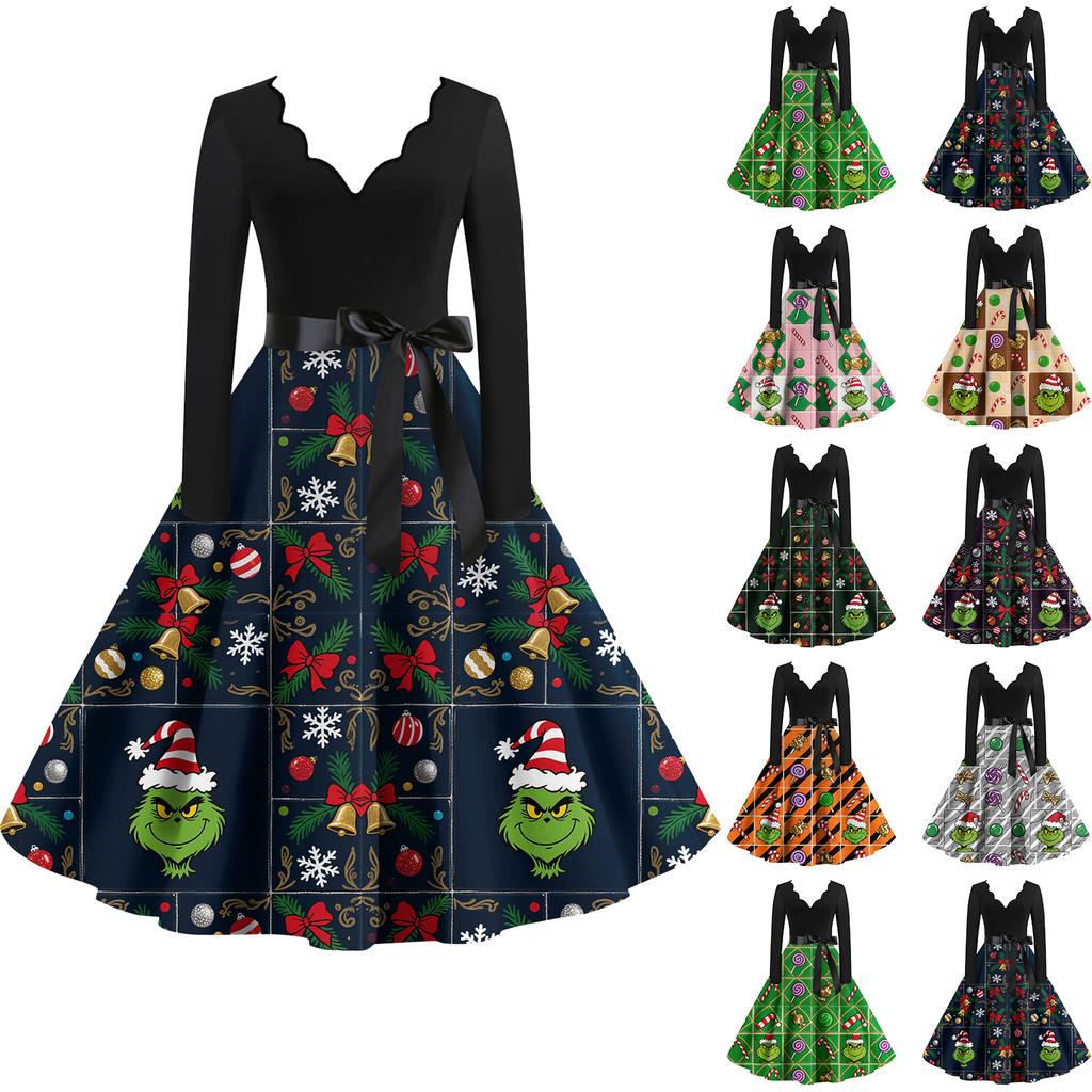 Ladies' Fashionable Retro Long Sleeved Square Neck Christmas Printed Evening Dress Dress