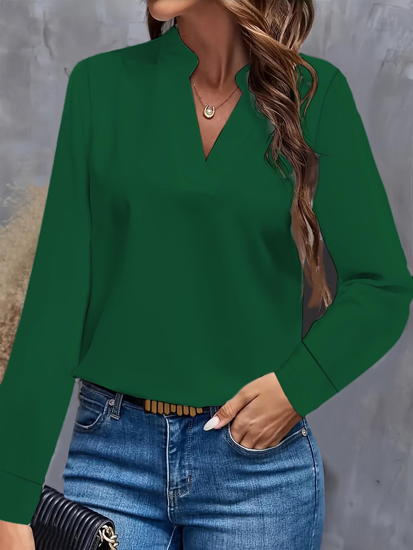

2024 Women s Autumn Casual Simple Solid V-Neck Loose Shirt Top M зелёный