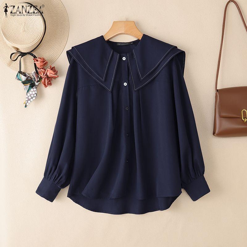 ZANZEA Women Casual Doll Collar Loose Long Sleeve Blouse