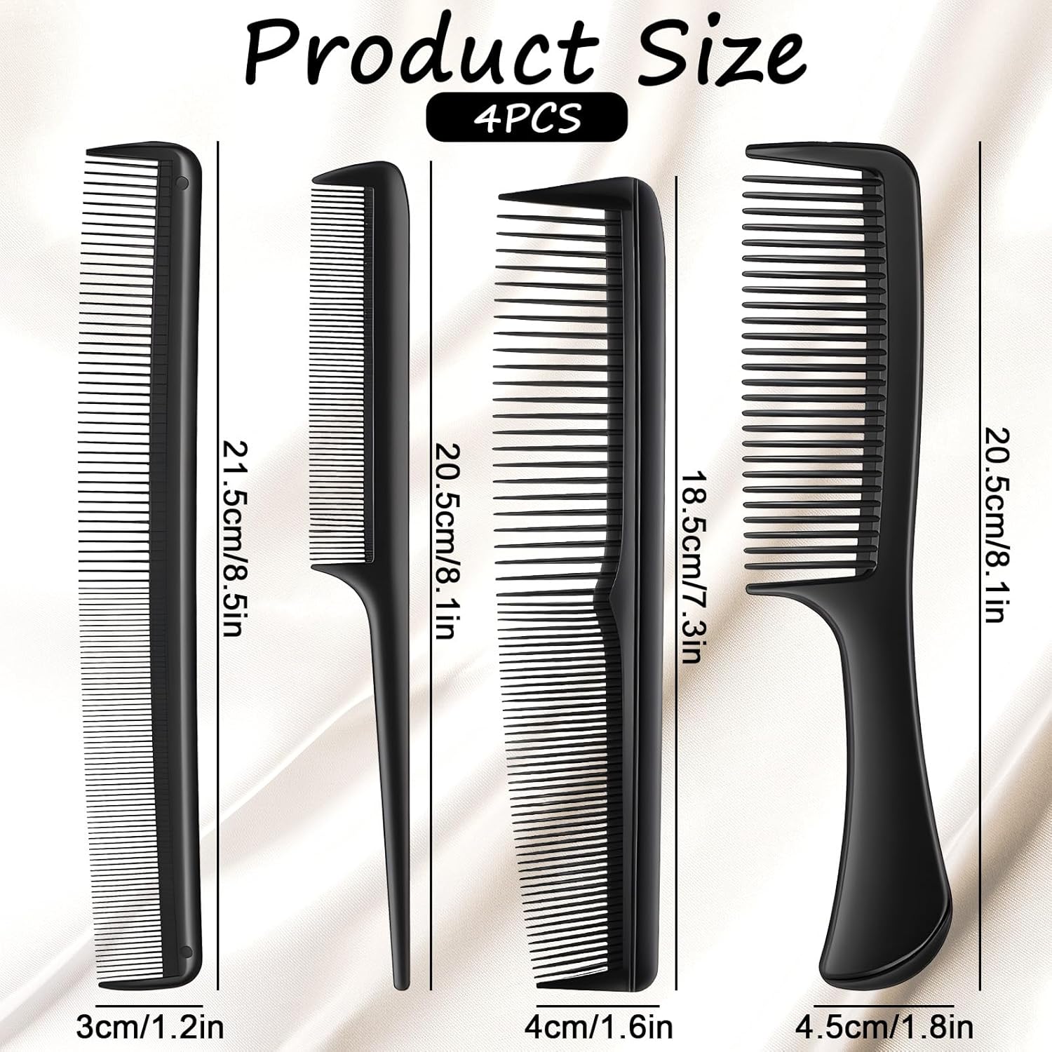 4 PCS Professional Black Combs Set for Women, Stylist Rat Tail Mens Beard Mustache Combs Fine Tooth for All Hair Types, Premium Hair Comb for Teasing