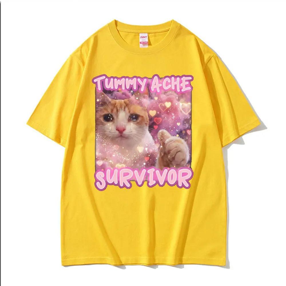 Stomach Ache Survivor Funny Cat Emoji Graphic TShirt Unisex Trendy Vintage Cartoon Humorous Street Style 100 Cotton TShirt