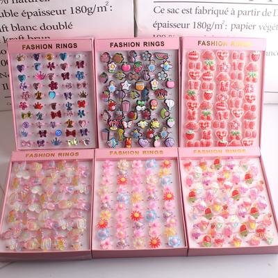 50Pcs Cartoon Resin Children's Ring - Sweet Flower Ring - Gift Box Set Finger Ring - Party Gift