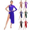 Women Asymmetrical Lyrical Dance Dress S-XXL - Mock Neck Cutout Sheer Mesh Patchwork Shiny Rhinestones Side Split Dancewear