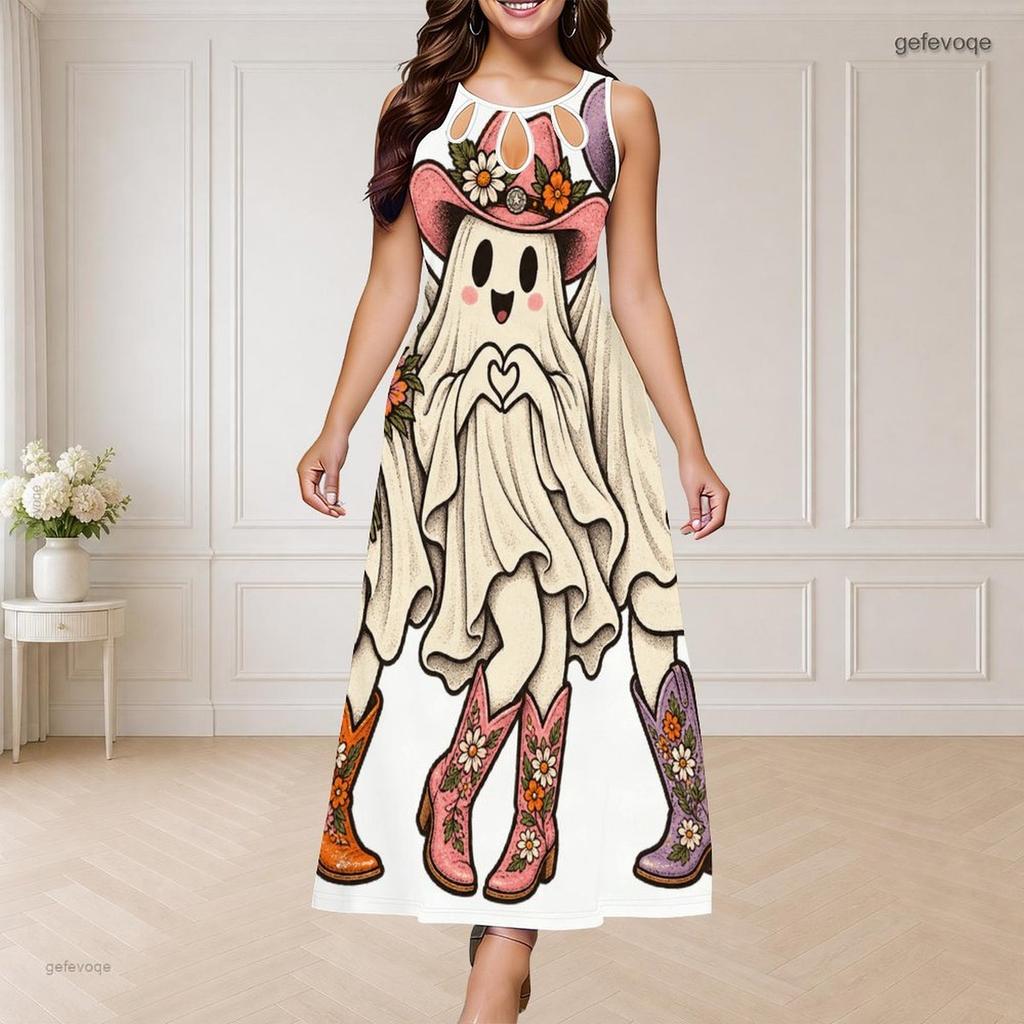 Women s Plus Size Round Neck Triple Keyhole Sleeveless Halloween Pumpkin Printed Long Dress