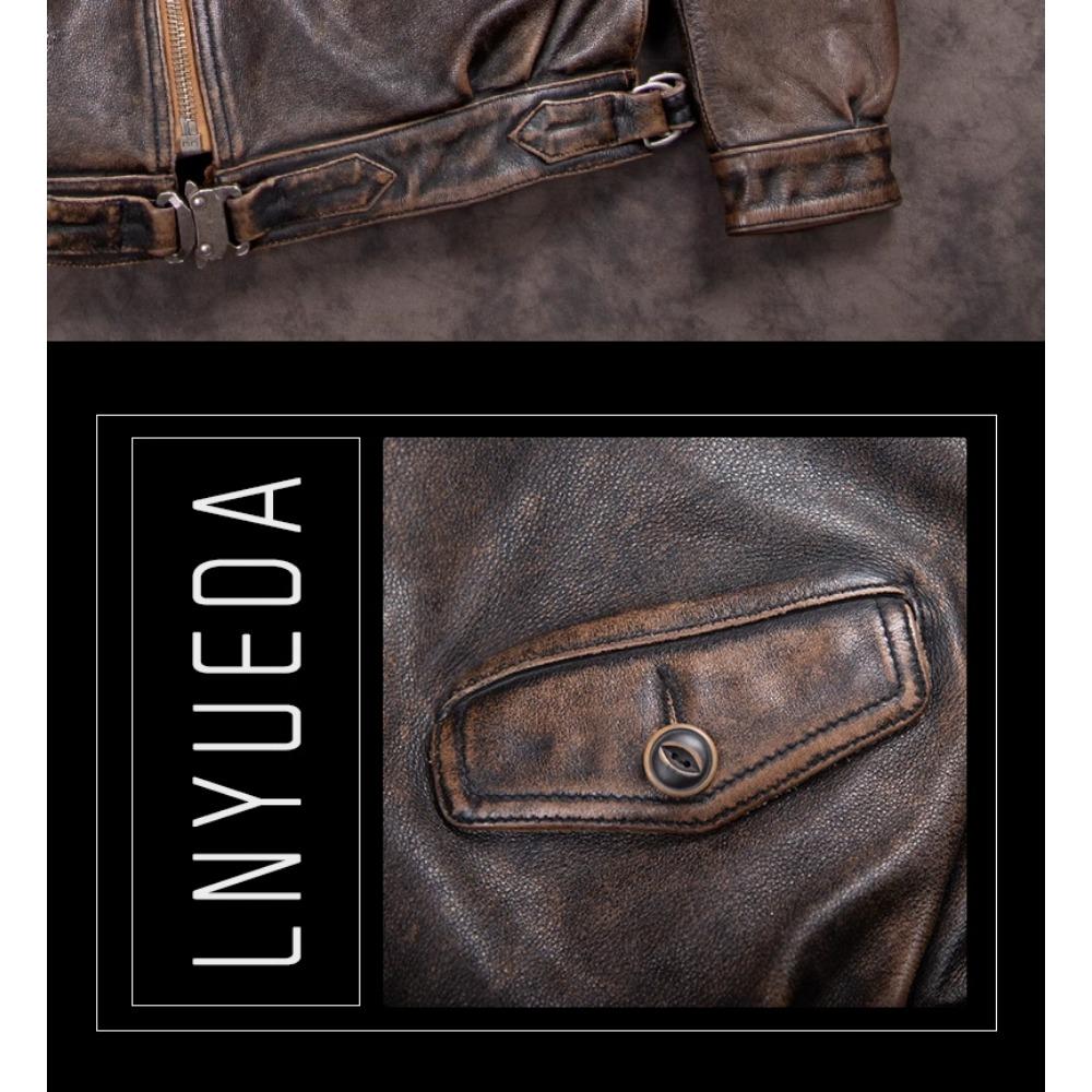Chinese Size Vintage Men Genuine Leather Jacket Tea Core Cowhide Thickness 1.4mm Tanned Oil Waxed Real Leather Jacket Heavy Thick