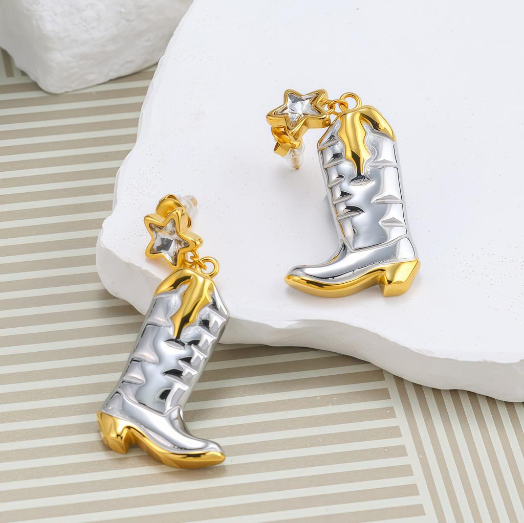 Spice Girl Western Style Gold and Silver Contrast Color Cowboy Boots Women's Earrings Pentagram Pendant Personality Exaggerated Earrings Tide