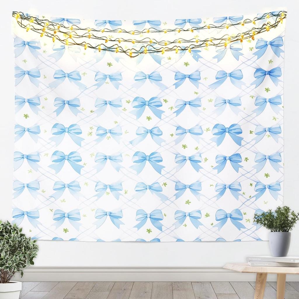 Chinoiserie Bow Tapestry Blue And White Floral Wall Art Pink Bow Wall Hanging Blanket For Living Room Bedroom Modern Aesthetics