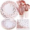 195 Pieces Rose Gold Party Supplies Rose Gold Dot On White Paper Plates Napkins and Cups Disposable Dinnerware Set Rose Gold Plastic Forks Spoons