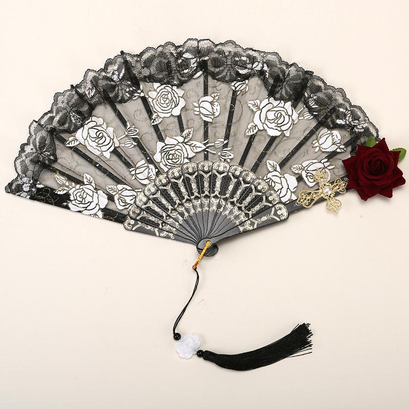 Female Lace Hand Fan Lolita Gothic Fan Victorian Vintage Black White Red Rose Bamboo Fans Cosplay Halloween Party Photo Prop