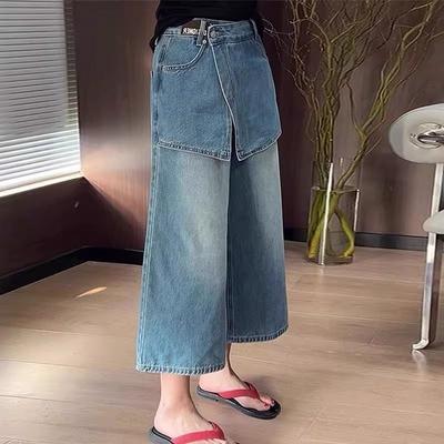 Jean Capris Large Jambe Asymétrique Lavage Clair Denim Ceinture Croisée Patchwork Décontracté Court