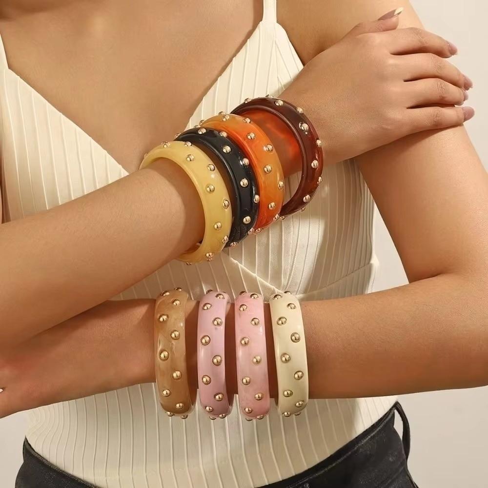 Gold Beads Stackable Bangle Round Shape Wrist Jewelry Fashion Wide Resin Bracelet Commute