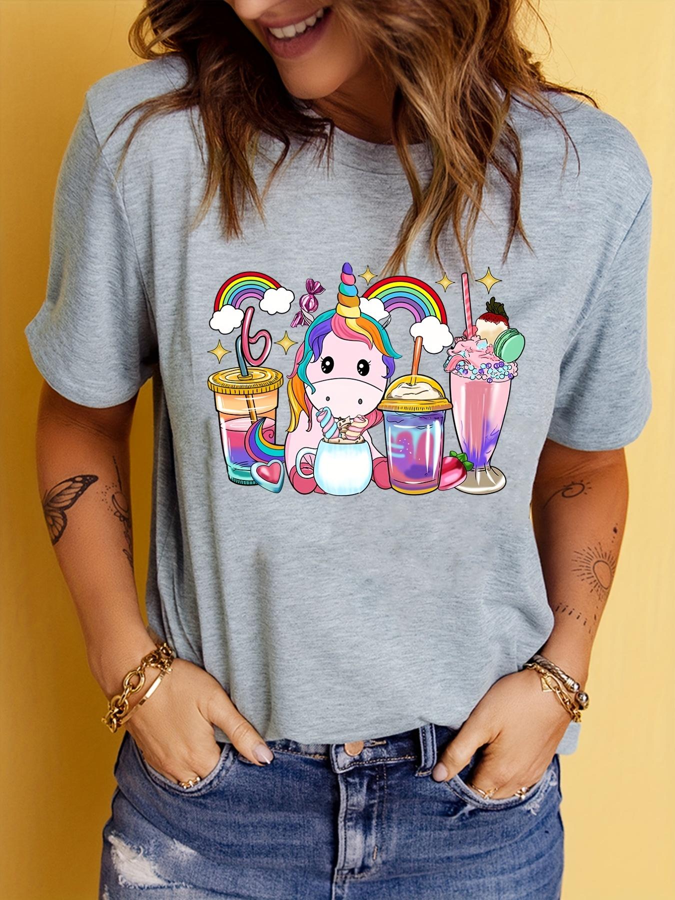 

Womens Rainbow Unicorn Print T-Shirt - Short Sleeve Lightweight & Breathable Crew Neck Top - Perfect Casual Wea 4XL